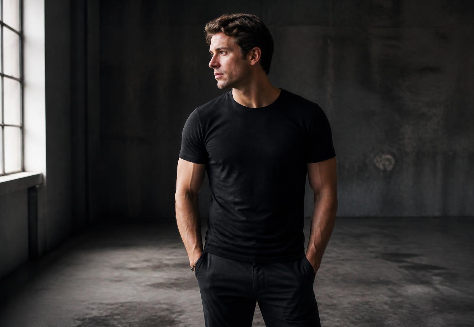 Man wearing the Willwear slim fit t-shirt, showing the fit through the chest and arms